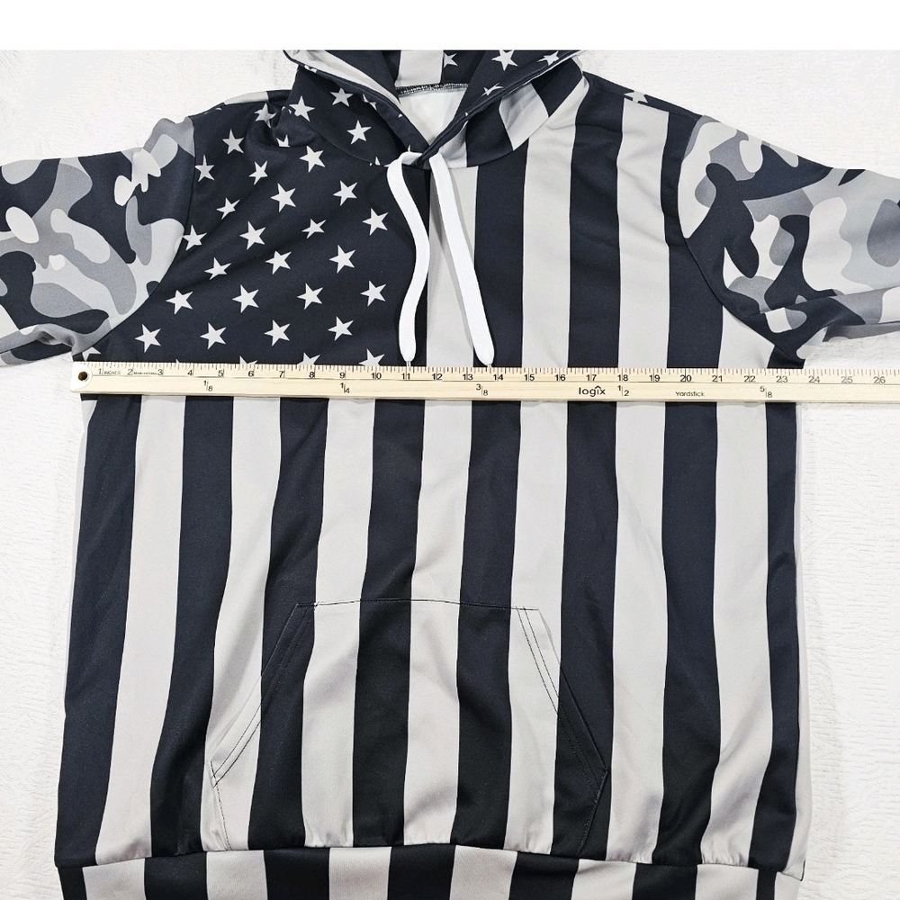 Camo American Flag Patriotic Hoodie Pocket USA Gray Black 4th Of July Mens L/XL - Picture 5 of 7